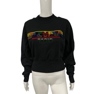 Balmain Black Cropped Logo Sweatshirt with Multicolor Embroidered Branding